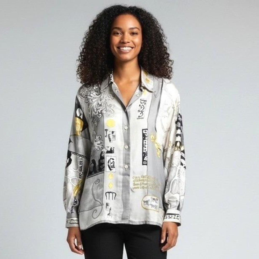 Laurel Vintage 100% Silk Abstract Graphic Print Button Down Blouse Grey Gold 10